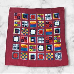CHANEL Vibrant Geometric Logo Multicolor 100% Silk Scarf Burgundy  35x35"